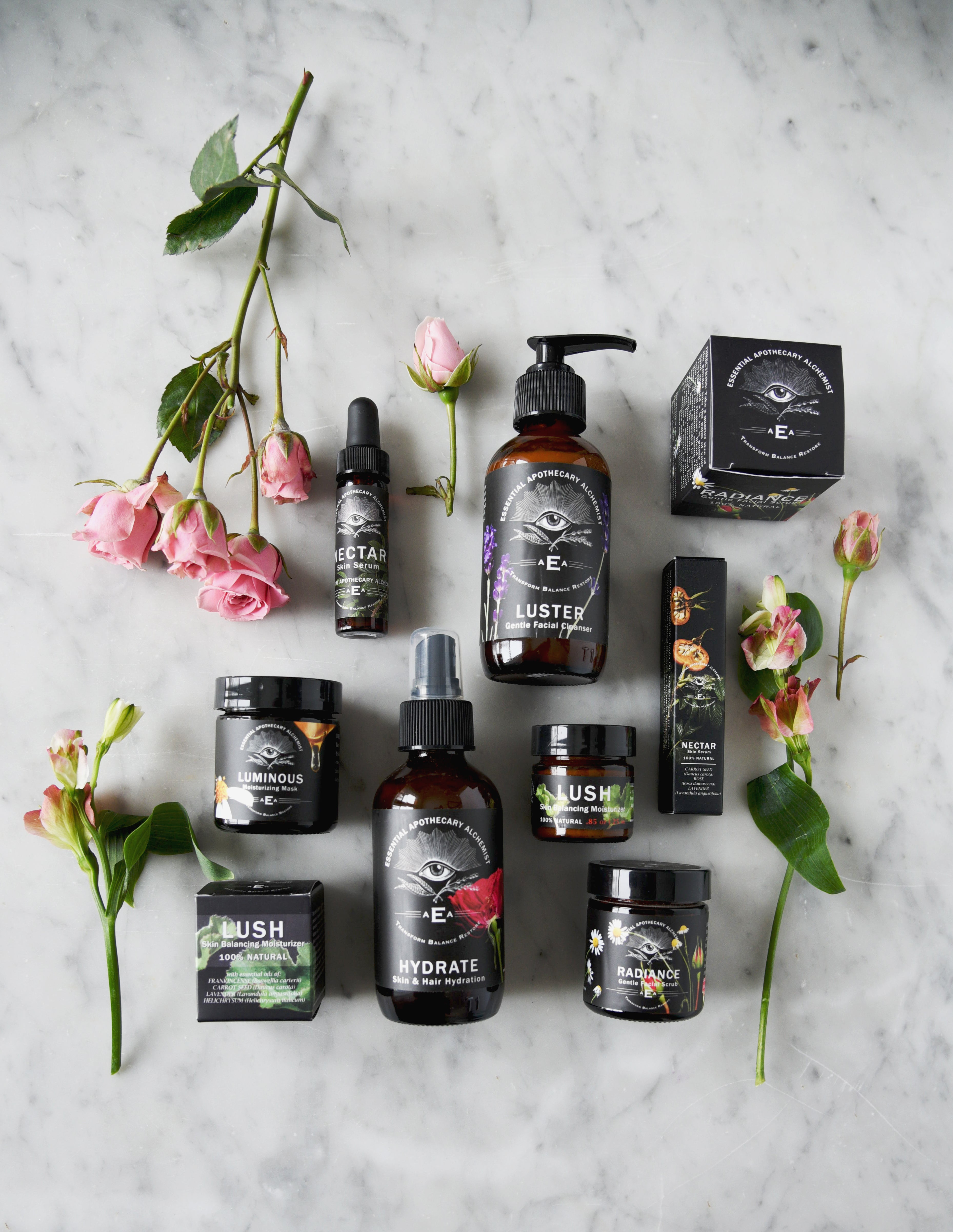 EAA skincare range styled with florals