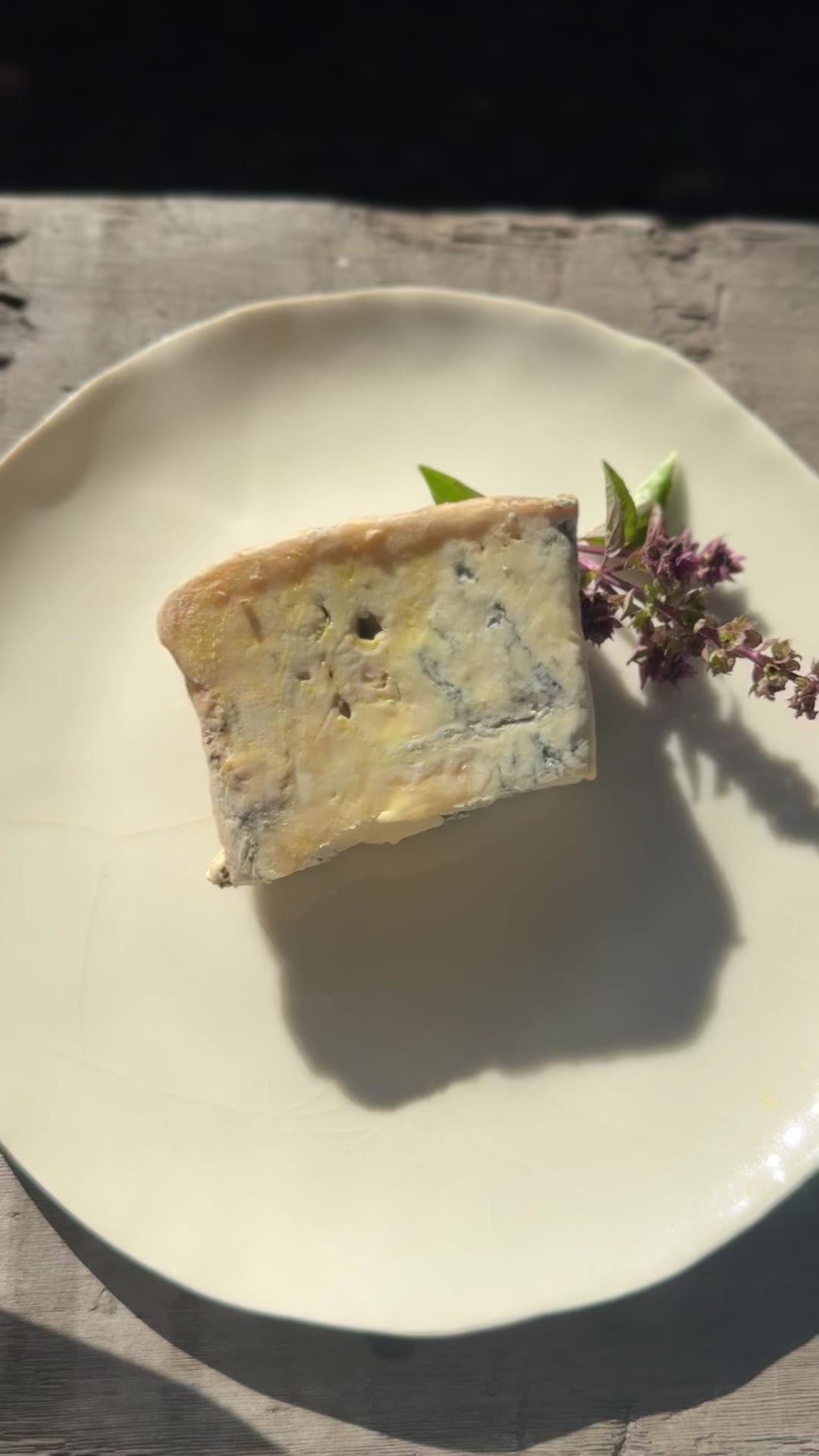Porcelain cheese knife cuts into a piece of blue on a plate