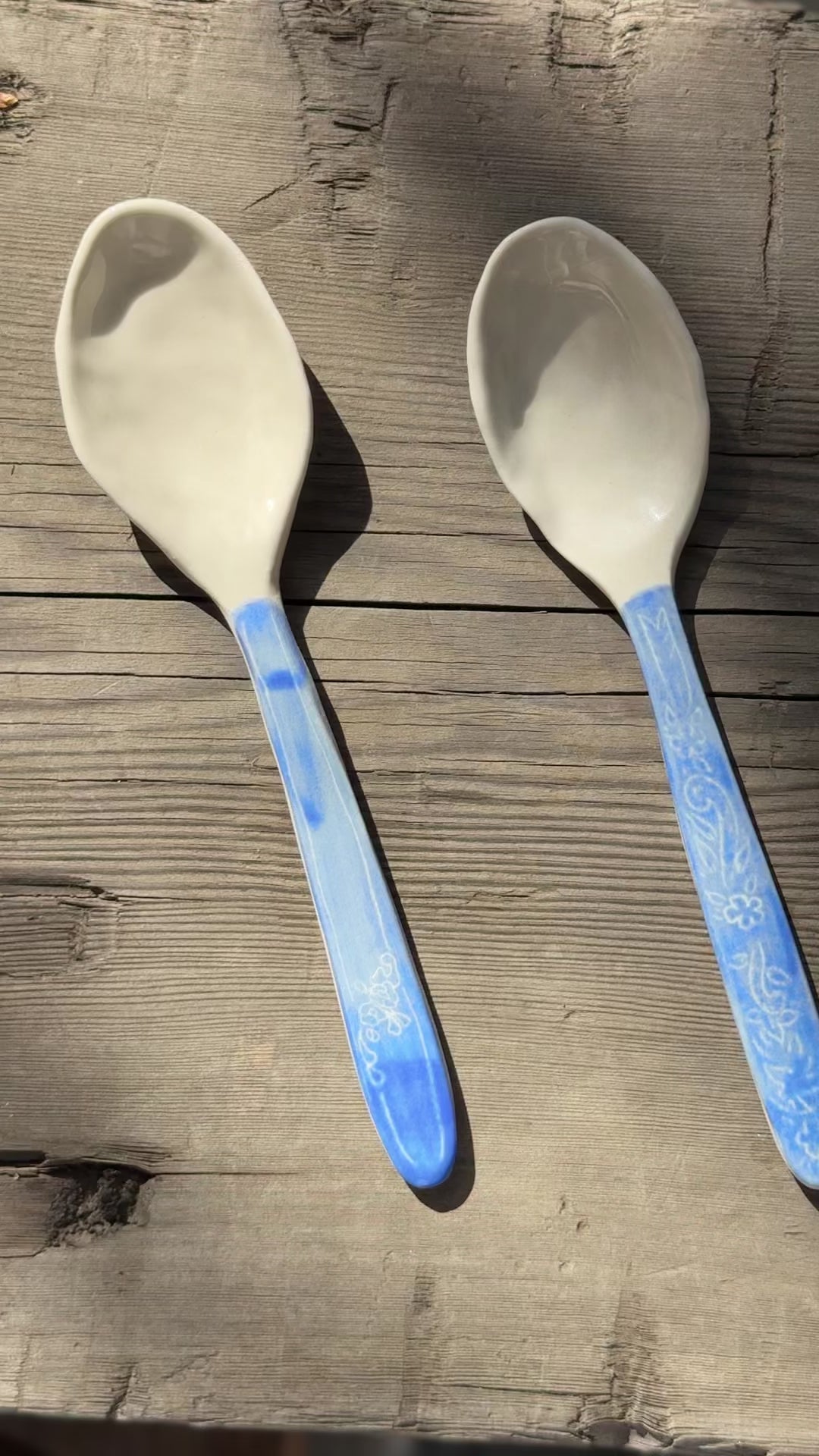 Porcelain spoon with carved handle and blue glaze